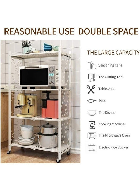 حامل تخزين للمطبخ و وحدة ارفف تخزين معدنية قوية على عربة متحركة للكراج والمطبخ والقبو والمخزن ، رفوف تخزين و منظمات مطبخ قابلة للطي بأربع طبقات سميكة مع عجلات ،ادراج تخزين بسعة كبيرة ، لون أبيض