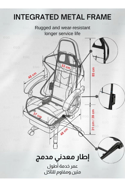 كرسي ألعاب مع تدليك كرسي كمبيوتر، كرسي ألعاب بظهر عالي، كرسي ألعاب إلكتروني مريح مع ميلان زاوي كبير وضبط ارتفاع، مع وسادة للرقبة والخصر والساق 122x64x64 سم جلد أحمر