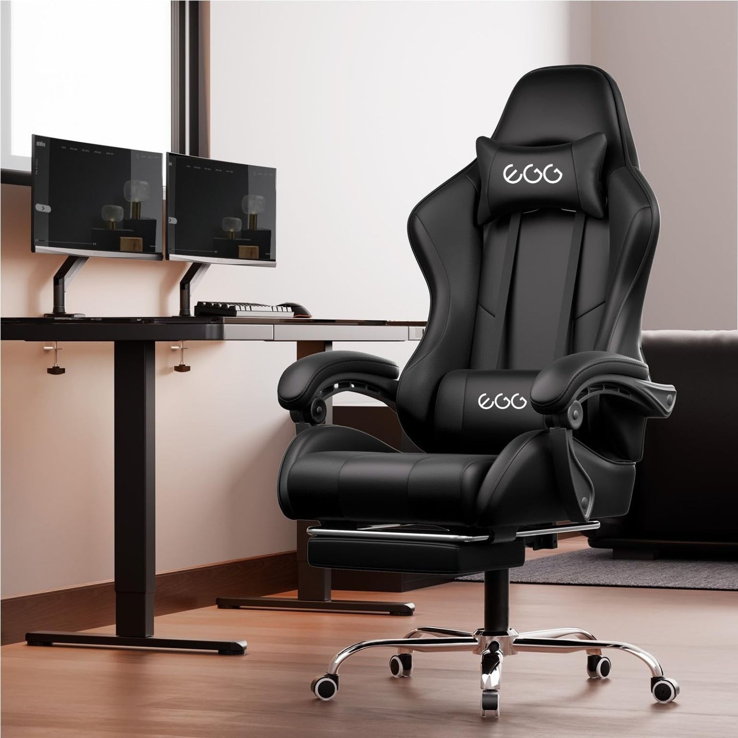 كرسي ألعاب  كمبيوتر، كرسي ألعاب بظهر عالي، كرسي ألعاب إلكتروني مريح مع ميلان زاوي كبير وضبط ارتفاع، مع وسادة للرقبة والخصر