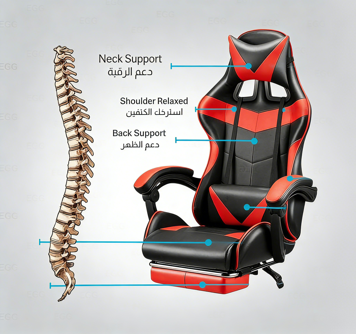 كرسي ألعاب كمبيوتر، كرسي ألعاب بظهر عالي، كرسي ألعاب إلكتروني مريح مع ميلان زاوي كبير وضبط ارتفاع، مع وسادة للرقبة والخصر والساق  سم جلد أسود