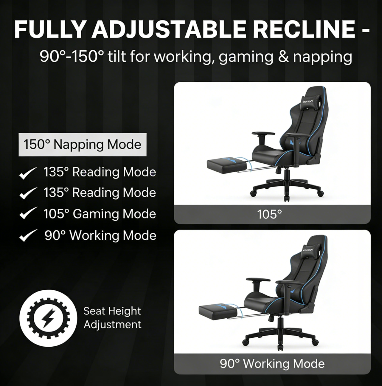 كرسي ألعاب كمبيوتر بقاعدة فولاذية ، كرسي ألعاب بظهر عالي، كرسي ألعاب إلكتروني مريح مع ميلان زاوي كبير وضبط ارتفاع، مع وسادة للرقبة والخصر والساق  سم جلد أسود