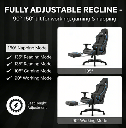 كرسي ألعاب كمبيوتر بقاعدة فولاذية ، كرسي ألعاب بظهر عالي، كرسي ألعاب إلكتروني مريح مع ميلان زاوي كبير وضبط ارتفاع، مع وسادة للرقبة والخصر والساق  سم جلد أسود