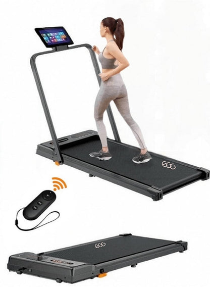 جهاز جري كهربائي احترافي 1.75 حصان قابل للطي 2 في 1 يتحمل 100 كيلو مع ميل يدوي مستويين وريموت كنترول مجهز بحامل آيباد وعجلات للحركة السهلة للاستخدام المنزلي واللياقة البدنية