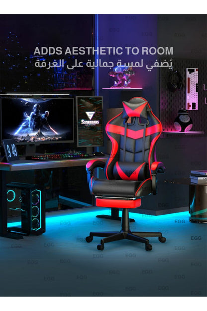 كرسي ألعاب مع تدليك كرسي كمبيوتر، كرسي ألعاب بظهر عالي، كرسي ألعاب إلكتروني مريح مع ميلان زاوي كبير وضبط ارتفاع، مع وسادة للرقبة والخصر والساق 122x64x64 سم جلد أحمر