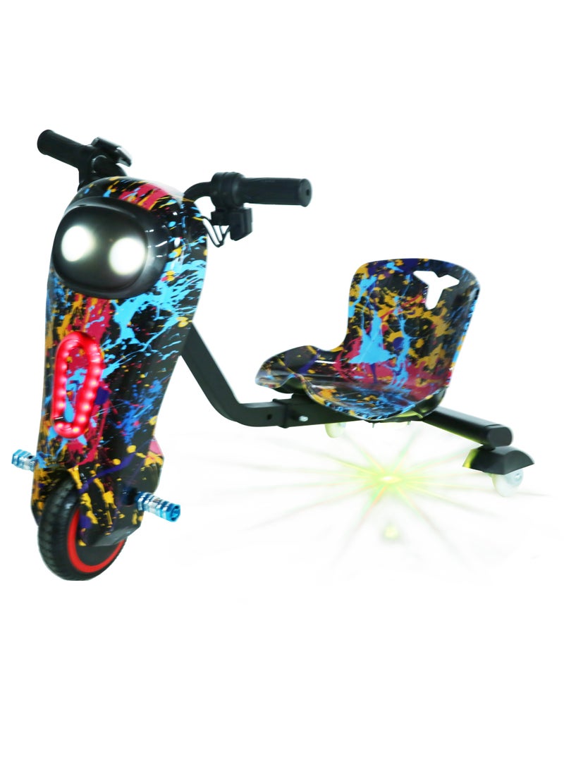 لعبة سكوتر دريفت كهربائي صغير، يتحمل حتى 80 كيلوغرامًا، مع دواسة عالية الطاقة 36 فولت، 250 واط، ومجهز بـ 3 عجلات وملحقات أمان.