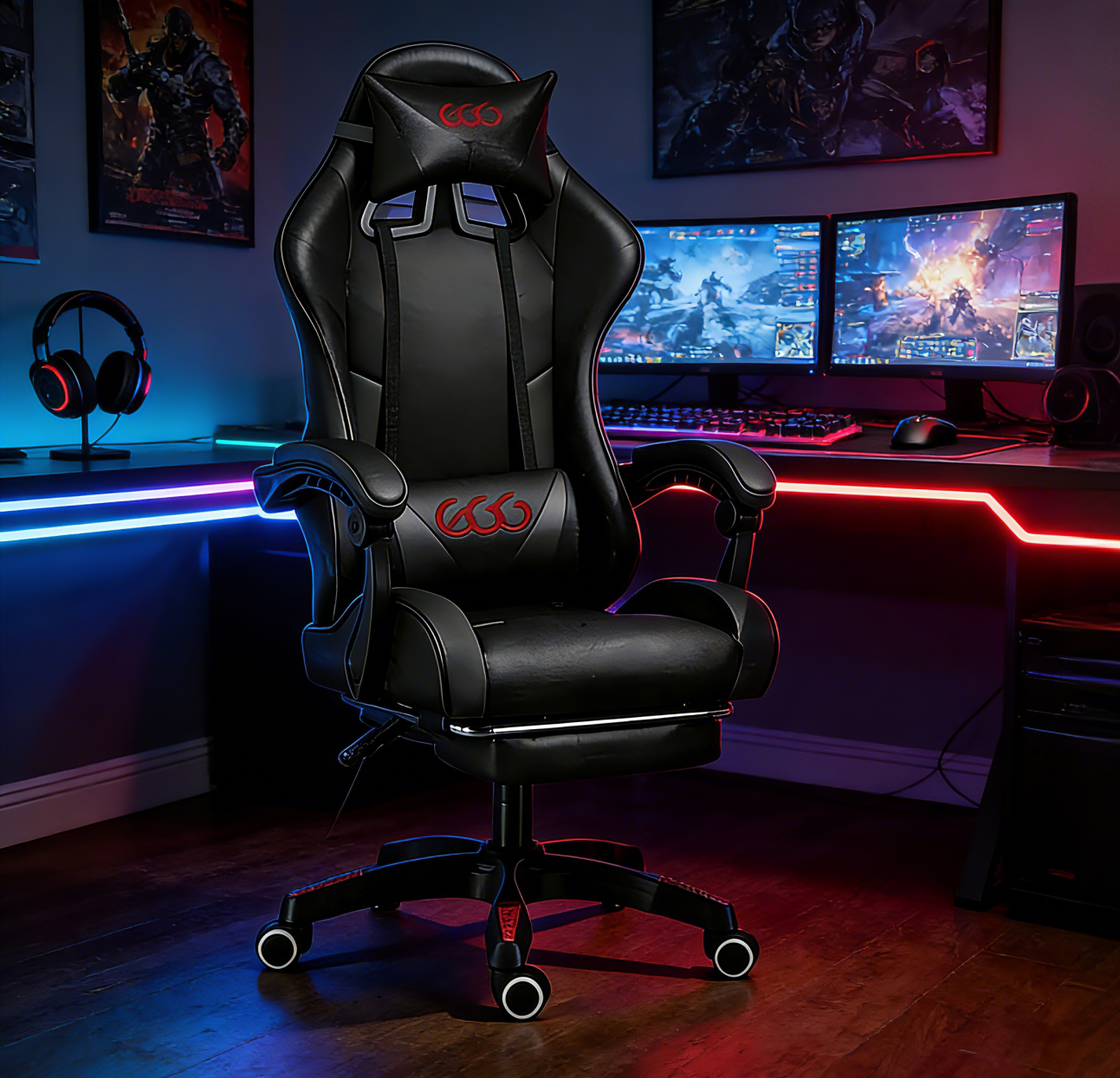 كرسي ألعاب كمبيوتر بقاعدة فولاذية ، كرسي ألعاب بظهر عالي، كرسي ألعاب إلكتروني مريح مع ميلان زاوي كبير وضبط ارتفاع، مع وسادة للرقبة والخصر والساق  سم جلد أسود