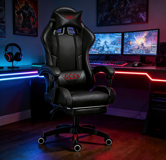 كرسي ألعاب كمبيوتر بقاعدة فولاذية ، كرسي ألعاب بظهر عالي، كرسي ألعاب إلكتروني مريح مع ميلان زاوي كبير وضبط ارتفاع، مع وسادة للرقبة والخصر والساق  سم جلد أسود