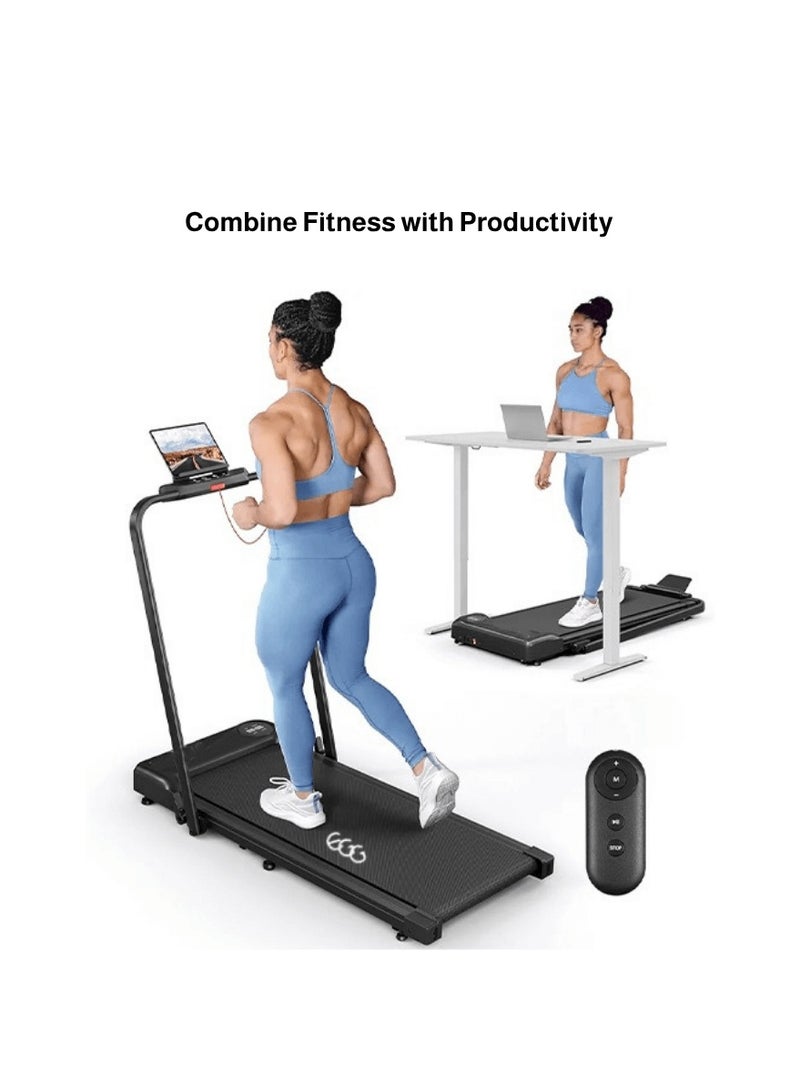 جهاز جري كهربائي احترافي 1.75 حصان قابل للطي 2 في 1 يتحمل 100 كيلو مع ميل يدوي مستويين وريموت كنترول مجهز بحامل آيباد وعجلات للحركة السهلة للاستخدام المنزلي واللياقة البدنية