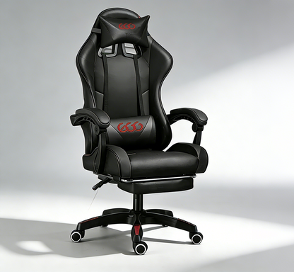 كرسي ألعاب كمبيوتر بقاعدة فولاذية ، كرسي ألعاب بظهر عالي، كرسي ألعاب إلكتروني مريح مع ميلان زاوي كبير وضبط ارتفاع، مع وسادة للرقبة والخصر والساق  سم جلد أسود