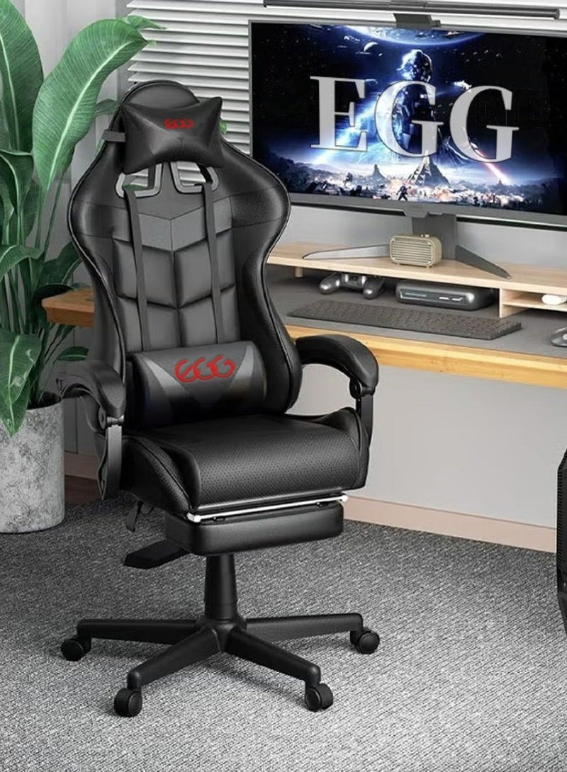 كرسي ألعاب رياضي إلكتروني قابل للتعديل,كرسي كمبيوتر مكتبي من الجلد, كرسي قيمنق مريح , كرسي داعم للفقرات القطنية مريح مع مسند ذراع ومسند مريح للرأس مع مسند للقدمين، دوران 360 درجة، أسود