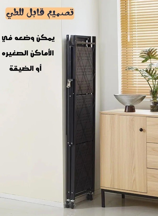 حامل تخزين للمطبخ حديد و وحدة ارفف تخزين معدنية قوية على عربة متحركة للكراج والمطبخ والقبو والمخزن ، رف تخزين قابل للطي , رفوف تخزين و منظمات مطبخ قابلة للطي بأربع طبقات سميكة مع عجلات ،ادراج تخزين بسعة كبيرة ، لون اسود