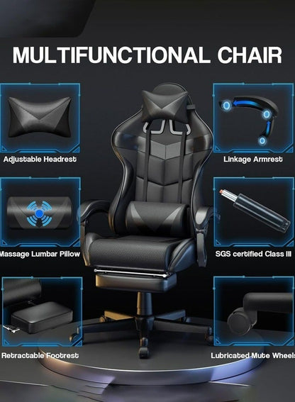 كرسي ألعاب رياضي إلكتروني قابل للتعديل,كرسي كمبيوتر مكتبي من الجلد, كرسي قيمنق مريح , كرسي داعم للفقرات القطنية مريح مع مسند ذراع ومسند مريح للرأس مع مسند للقدمين، دوران 360 درجة، أسود