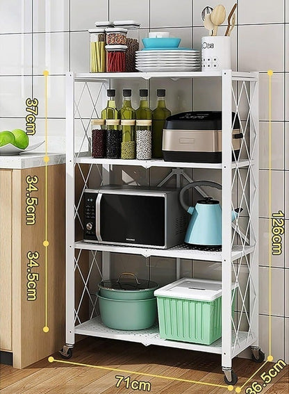 حامل تخزين للمطبخ و وحدة ارفف تخزين معدنية قوية على عربة متحركة للكراج والمطبخ والقبو والمخزن ، رفوف تخزين و منظمات مطبخ قابلة للطي بأربع طبقات سميكة مع عجلات ،ادراج تخزين بسعة كبيرة ، لون أبيض