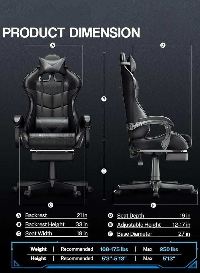 كرسي ألعاب رياضي إلكتروني قابل للتعديل,كرسي كمبيوتر مكتبي من الجلد, كرسي قيمنق مريح , كرسي داعم للفقرات القطنية مريح مع مسند ذراع ومسند مريح للرأس مع مسند للقدمين، دوران 360 درجة، أسود