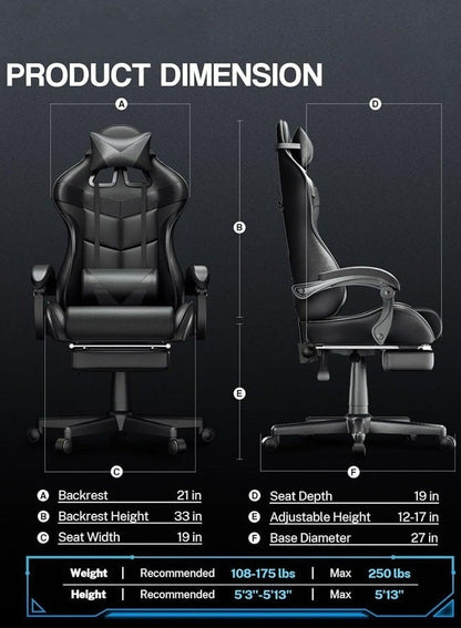 كرسي ألعاب رياضي إلكتروني قابل للتعديل,كرسي كمبيوتر مكتبي من الجلد, كرسي قيمنق مريح , كرسي داعم للفقرات القطنية مريح مع مسند ذراع ومسند مريح للرأس مع مسند للقدمين، دوران 360 درجة، أسود
