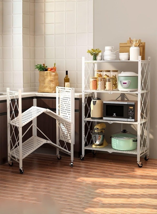 حامل تخزين للمطبخ و وحدة ارفف تخزين معدنية قوية على عربة متحركة للكراج والمطبخ والقبو والمخزن ، رفوف تخزين و منظمات مطبخ قابلة للطي بأربع طبقات سميكة مع عجلات ،ادراج تخزين بسعة كبيرة ، لون أبيض