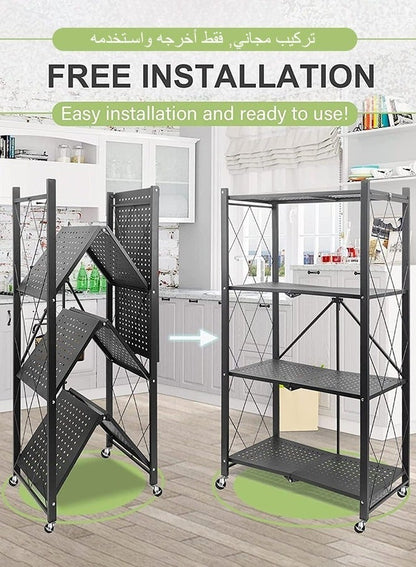 حامل تخزين للمطبخ حديد و وحدة ارفف تخزين معدنية قوية على عربة متحركة للكراج والمطبخ والقبو والمخزن ، رف تخزين قابل للطي , رفوف تخزين و منظمات مطبخ قابلة للطي بأربع طبقات سميكة مع عجلات ،ادراج تخزين بسعة كبيرة ، لون اسود