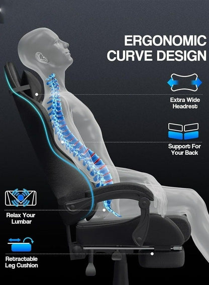 كرسي ألعاب رياضي إلكتروني قابل للتعديل,كرسي كمبيوتر مكتبي من الجلد, كرسي قيمنق مريح , كرسي داعم للفقرات القطنية مريح مع مسند ذراع ومسند مريح للرأس مع مسند للقدمين، دوران 360 درجة، أسود