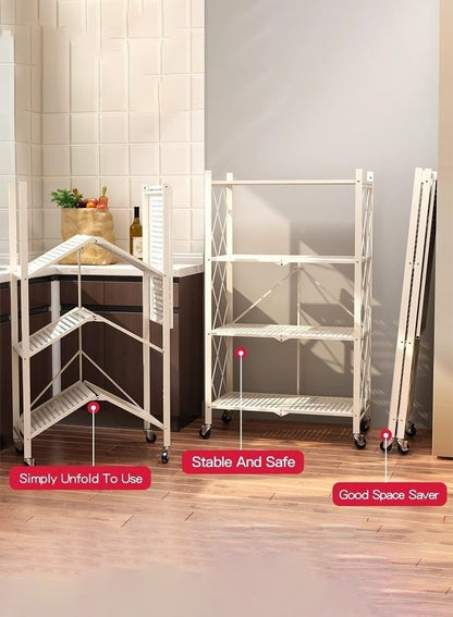 حامل تخزين للمطبخ و وحدة ارفف تخزين معدنية قوية على عربة متحركة للكراج والمطبخ والقبو والمخزن ، رفوف تخزين و منظمات مطبخ قابلة للطي بأربع طبقات سميكة مع عجلات ،ادراج تخزين بسعة كبيرة ، لون أبيض