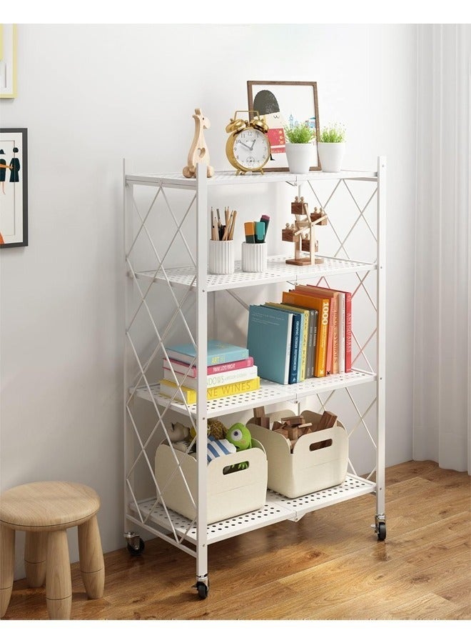 حامل تخزين للمطبخ و وحدة ارفف تخزين معدنية قوية على عربة متحركة للكراج والمطبخ والقبو والمخزن ، رفوف تخزين و منظمات مطبخ قابلة للطي بأربع طبقات سميكة مع عجلات ،ادراج تخزين بسعة كبيرة ، لون أبيض