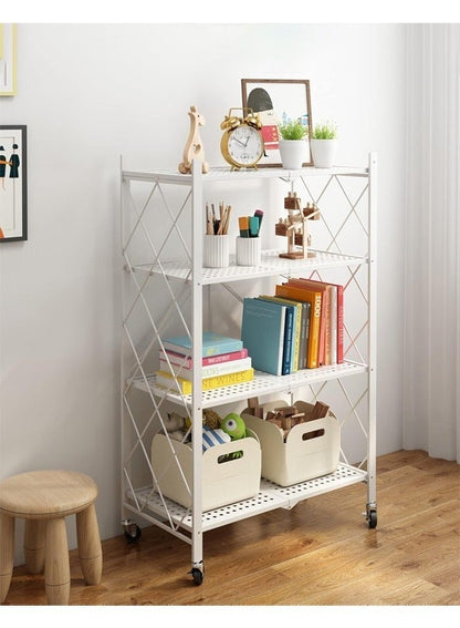 حامل تخزين للمطبخ و وحدة ارفف تخزين معدنية قوية على عربة متحركة للكراج والمطبخ والقبو والمخزن ، رفوف تخزين و منظمات مطبخ قابلة للطي بأربع طبقات سميكة مع عجلات ،ادراج تخزين بسعة كبيرة ، لون أبيض