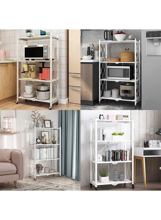 حامل تخزين للمطبخ و وحدة ارفف تخزين معدنية قوية على عربة متحركة للكراج والمطبخ والقبو والمخزن ، رفوف تخزين و منظمات مطبخ قابلة للطي بأربع طبقات سميكة مع عجلات ،ادراج تخزين بسعة كبيرة ، لون أبيض