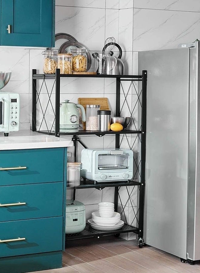 حامل تخزين للمطبخ حديد و وحدة ارفف تخزين معدنية قوية على عربة متحركة للكراج والمطبخ والقبو والمخزن ، رف تخزين قابل للطي , رفوف تخزين و منظمات مطبخ قابلة للطي بأربع طبقات سميكة مع عجلات ،ادراج تخزين بسعة كبيرة ، لون اسود