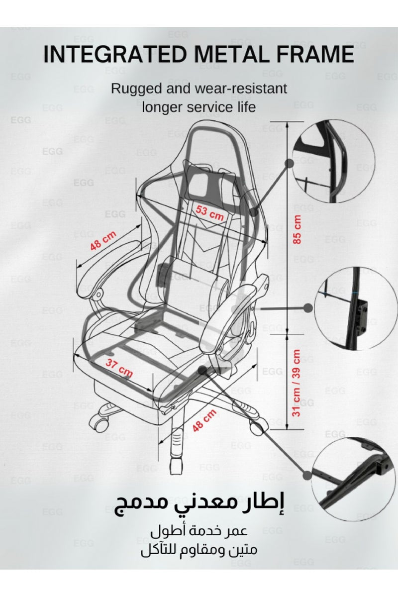 كرسي ألعاب مع تدليك كرسي كمبيوتر، كرسي ألعاب بظهر عالي، كرسي ألعاب إلكتروني مريح مع ميلان زاوي كبير وضبط ارتفاع، مع وسادة للرقبة والخصر والساق 122x64x64 سم جلد أحمر