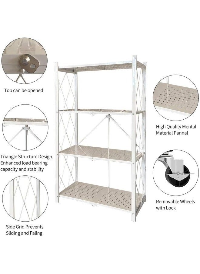 حامل تخزين للمطبخ و وحدة ارفف تخزين معدنية قوية على عربة متحركة للكراج والمطبخ والقبو والمخزن ، رفوف تخزين و منظمات مطبخ قابلة للطي بأربع طبقات سميكة مع عجلات ،ادراج تخزين بسعة كبيرة ، لون أبيض