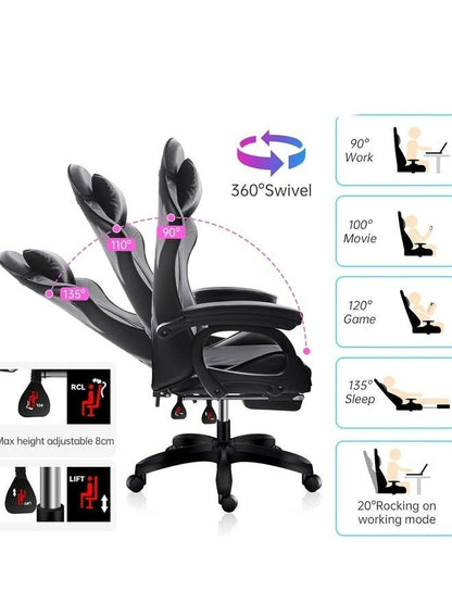كرسي ألعاب رياضي إلكتروني قابل للتعديل,كرسي كمبيوتر مكتبي من الجلد, كرسي قيمنق مريح , كرسي داعم للفقرات القطنية مريح مع مسند ذراع ومسند مريح للرأس مع مسند للقدمين، دوران 360 درجة، أسود