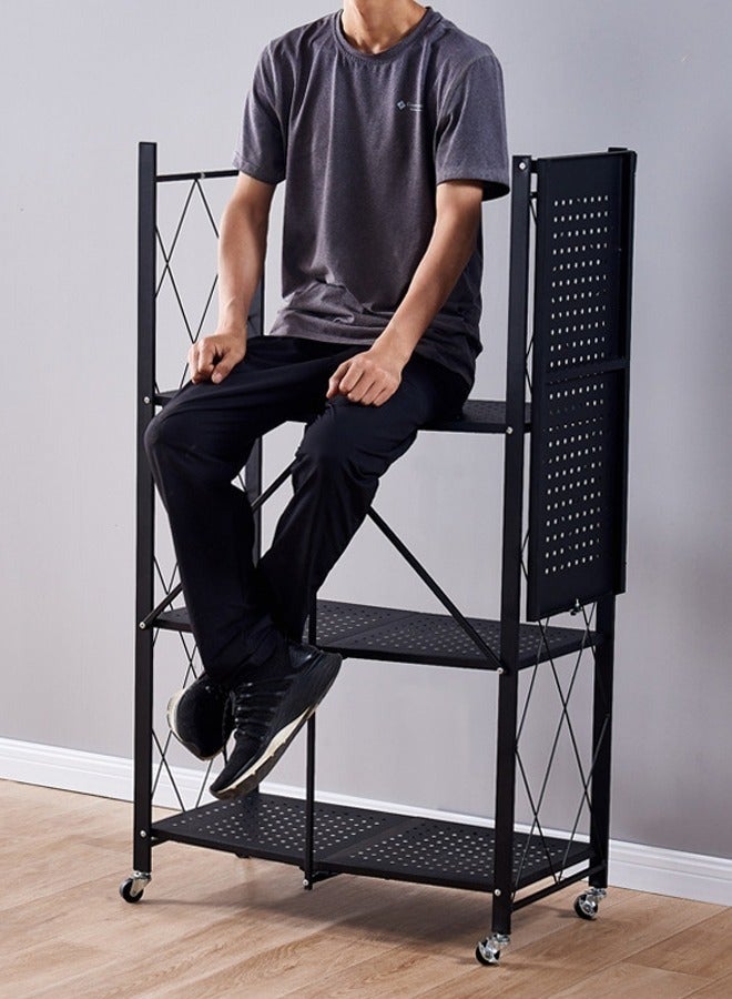 حامل تخزين للمطبخ حديد و وحدة ارفف تخزين معدنية قوية على عربة متحركة للكراج والمطبخ والقبو والمخزن ، رف تخزين قابل للطي , رفوف تخزين و منظمات مطبخ قابلة للطي بأربع طبقات سميكة مع عجلات ،ادراج تخزين بسعة كبيرة ، لون اسود