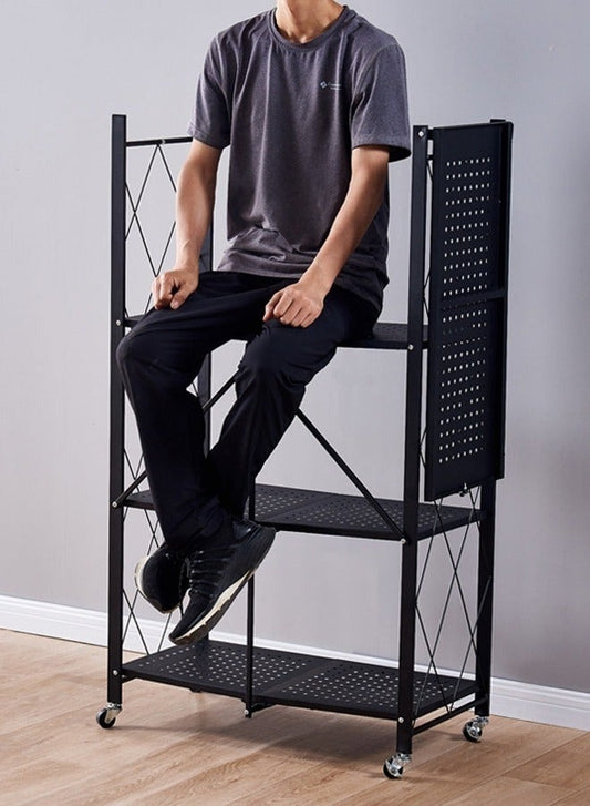 حامل تخزين للمطبخ حديد و وحدة ارفف تخزين معدنية قوية على عربة متحركة للكراج والمطبخ والقبو والمخزن ، رف تخزين قابل للطي , رفوف تخزين و منظمات مطبخ قابلة للطي بأربع طبقات سميكة مع عجلات ،ادراج تخزين بسعة كبيرة ، لون اسود