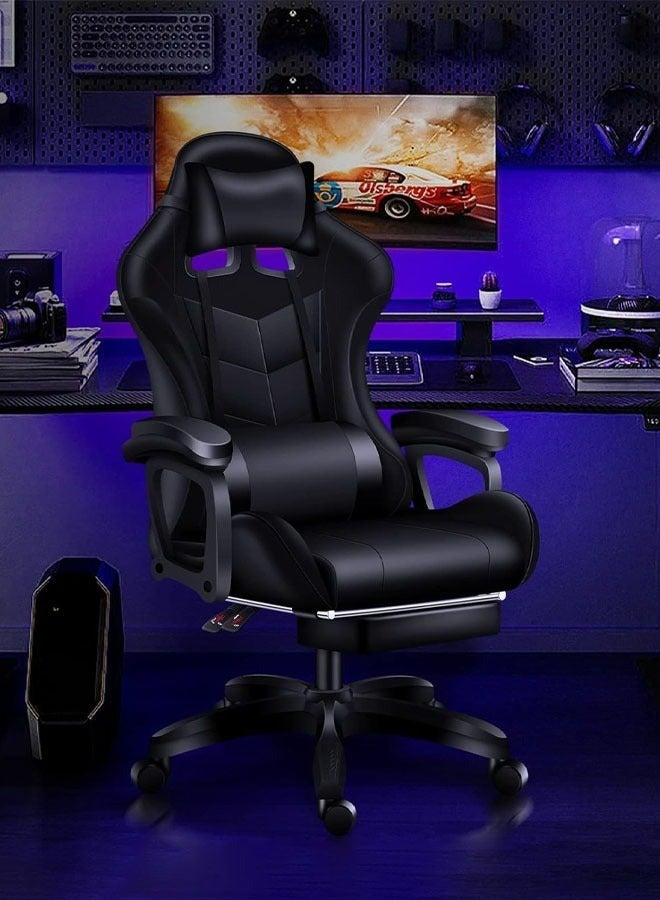 كرسي ألعاب رياضي إلكتروني قابل للتعديل,كرسي كمبيوتر مكتبي من الجلد, كرسي قيمنق مريح , كرسي داعم للفقرات القطنية مريح مع مسند ذراع ومسند مريح للرأس مع مسند للقدمين، دوران 360 درجة، أسود