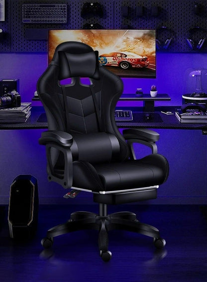 كرسي ألعاب رياضي إلكتروني قابل للتعديل,كرسي كمبيوتر مكتبي من الجلد, كرسي قيمنق مريح , كرسي داعم للفقرات القطنية مريح مع مسند ذراع ومسند مريح للرأس مع مسند للقدمين، دوران 360 درجة، أسود