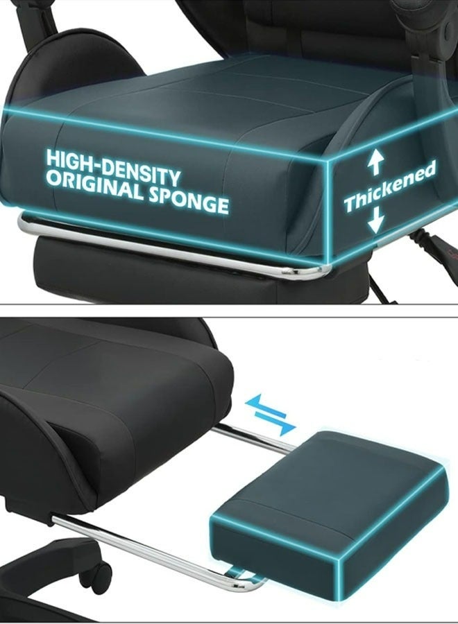 كرسي ألعاب رياضي إلكتروني قابل للتعديل,كرسي كمبيوتر مكتبي من الجلد, كرسي قيمنق مريح , كرسي داعم للفقرات القطنية مريح مع مسند ذراع ومسند مريح للرأس مع مسند للقدمين، دوران 360 درجة، أسود