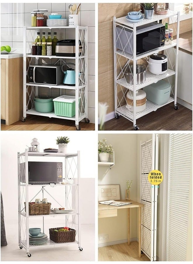 حامل تخزين للمطبخ و وحدة ارفف تخزين معدنية قوية على عربة متحركة للكراج والمطبخ والقبو والمخزن ، رفوف تخزين و منظمات مطبخ قابلة للطي بأربع طبقات سميكة مع عجلات ،ادراج تخزين بسعة كبيرة ، لون أبيض