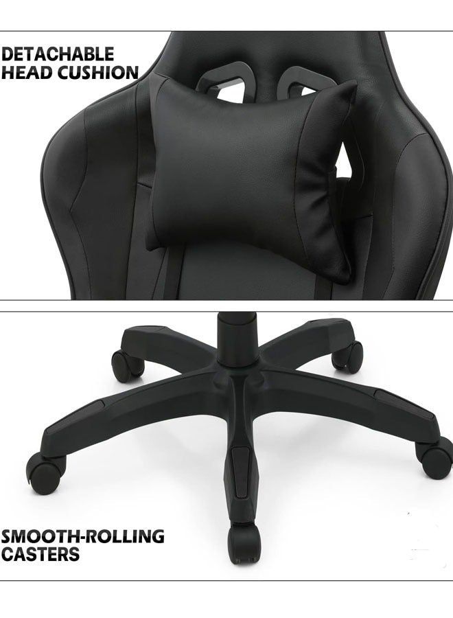 كرسي ألعاب رياضي إلكتروني قابل للتعديل,كرسي كمبيوتر مكتبي من الجلد, كرسي قيمنق مريح , كرسي داعم للفقرات القطنية مريح مع مسند ذراع ومسند مريح للرأس مع مسند للقدمين، دوران 360 درجة، أسود
