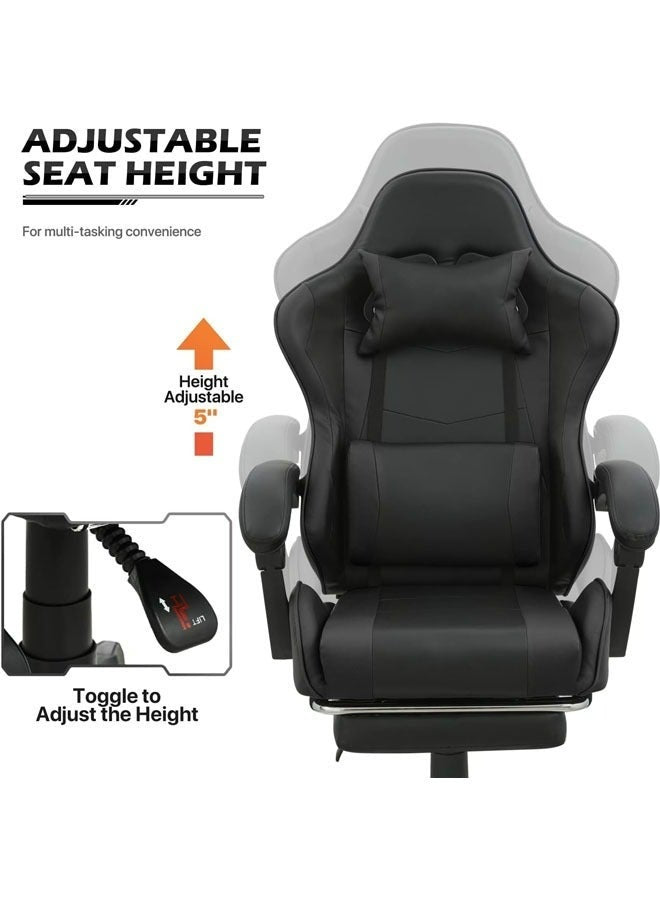 كرسي ألعاب رياضي إلكتروني قابل للتعديل,كرسي كمبيوتر مكتبي من الجلد, كرسي قيمنق مريح , كرسي داعم للفقرات القطنية مريح مع مسند ذراع ومسند مريح للرأس مع مسند للقدمين، دوران 360 درجة، أسود