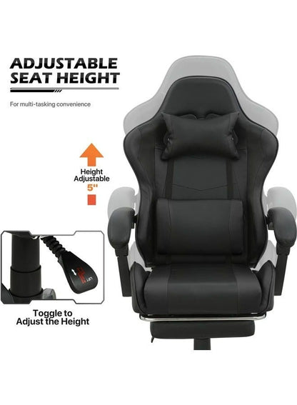 كرسي ألعاب رياضي إلكتروني قابل للتعديل,كرسي كمبيوتر مكتبي من الجلد, كرسي قيمنق مريح , كرسي داعم للفقرات القطنية مريح مع مسند ذراع ومسند مريح للرأس مع مسند للقدمين، دوران 360 درجة، أسود
