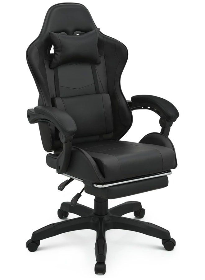 كرسي ألعاب رياضي إلكتروني قابل للتعديل,كرسي كمبيوتر مكتبي من الجلد, كرسي قيمنق مريح , كرسي داعم للفقرات القطنية مريح مع مسند ذراع ومسند مريح للرأس مع مسند للقدمين، دوران 360 درجة، أسود