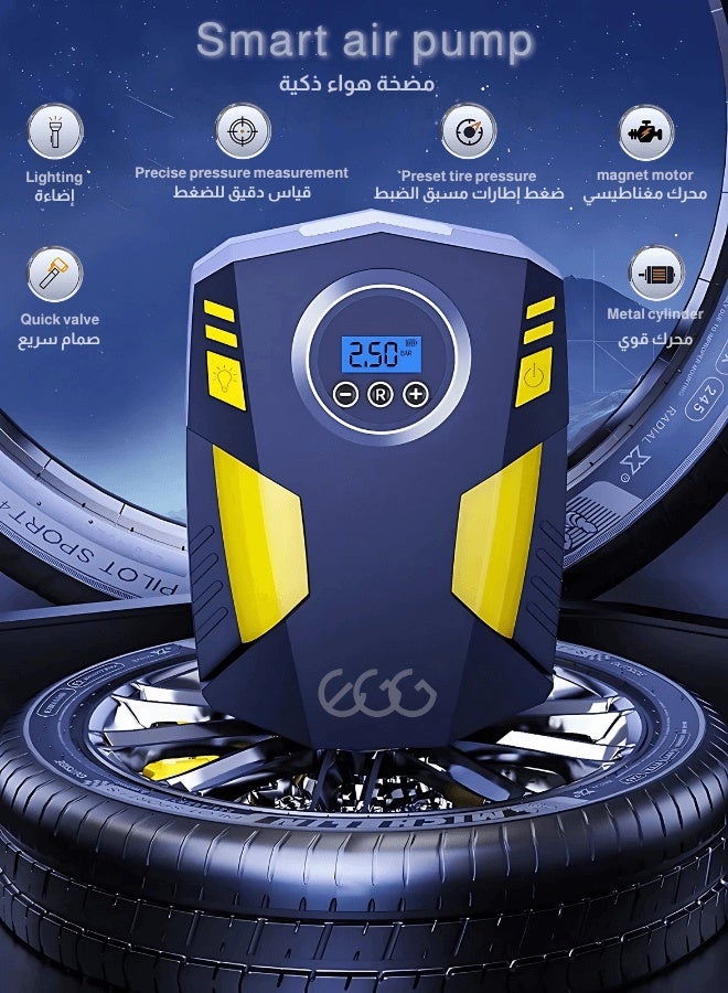 منفاخ إطارات السيارة الرقمي ضاغط هواء مع توقف تلقائي وإضاءة LED 12 فولت مضخة هواء محمولة سريعة للسيارة والدراجة النارية ومرتبة هوائية كروية