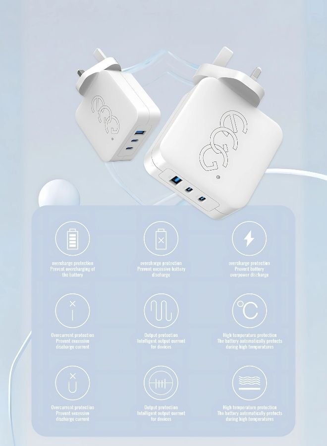 شاحن فائق السرعة GaN بقدرة 100 واط، ثلاثي المنافذ (USB-C ×2 + USB-A)، متوافق مع أجهزة Apple وAndroid وWindows تصميم مضغوط ومثالي للسفر (أبيض)