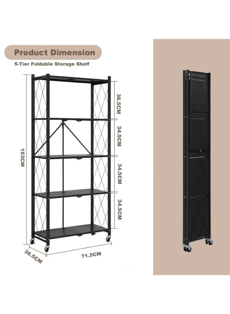 رفوف تخزين قابلة للطي بخمس طبقات سميكة مع عجلات، بدون تجميع، سعة كبيرة، وحدة رفوف معدنية قوية على عربة متحركة للكراج والمطبخ والقبو والمخزن (أسود، خمس طبقات)