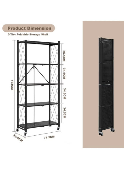 رفوف تخزين قابلة للطي بخمس طبقات سميكة مع عجلات، بدون تجميع، سعة كبيرة، وحدة رفوف معدنية قوية على عربة متحركة للكراج والمطبخ والقبو والمخزن (أسود، خمس طبقات)