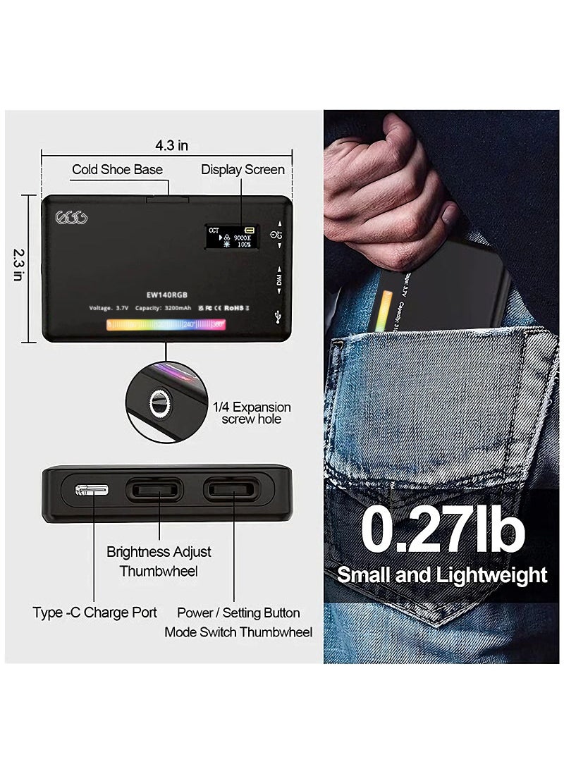 ضوء كاميرا محمول بألوان كاملة بقوة ٣٢٠٠ ملي أمبير، لوحة إضاءة كاميرا الهاتف بزاوية ٠-٣٦٠ درجة، مؤشر عرض الألوان ٩٥+ مع درجة حرارة لونية من ٢٥٠٠ إلى ٩٠٠٠ كلفن، ٢٠ تأثير إضاءة، إضاءة ليد قابلة لإعادة الشحن للتصوير الفوتوغرافي ومؤتمرات الفيديو والمدونات