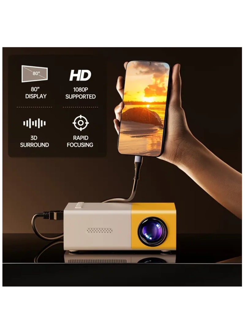 جهاز عرض عالي الوضوح 1080P LED مكتب منزلي صغير محمول، جهاز عرض عالي الدقة، طاقة منخفضة وتبديد حرارة فائق، مشغل فيديو كامل التنسيق: MP4، RMVB، إلخ، يدعم الوسائط المتعددة، مناسب لمختلف فتحات الاتصال