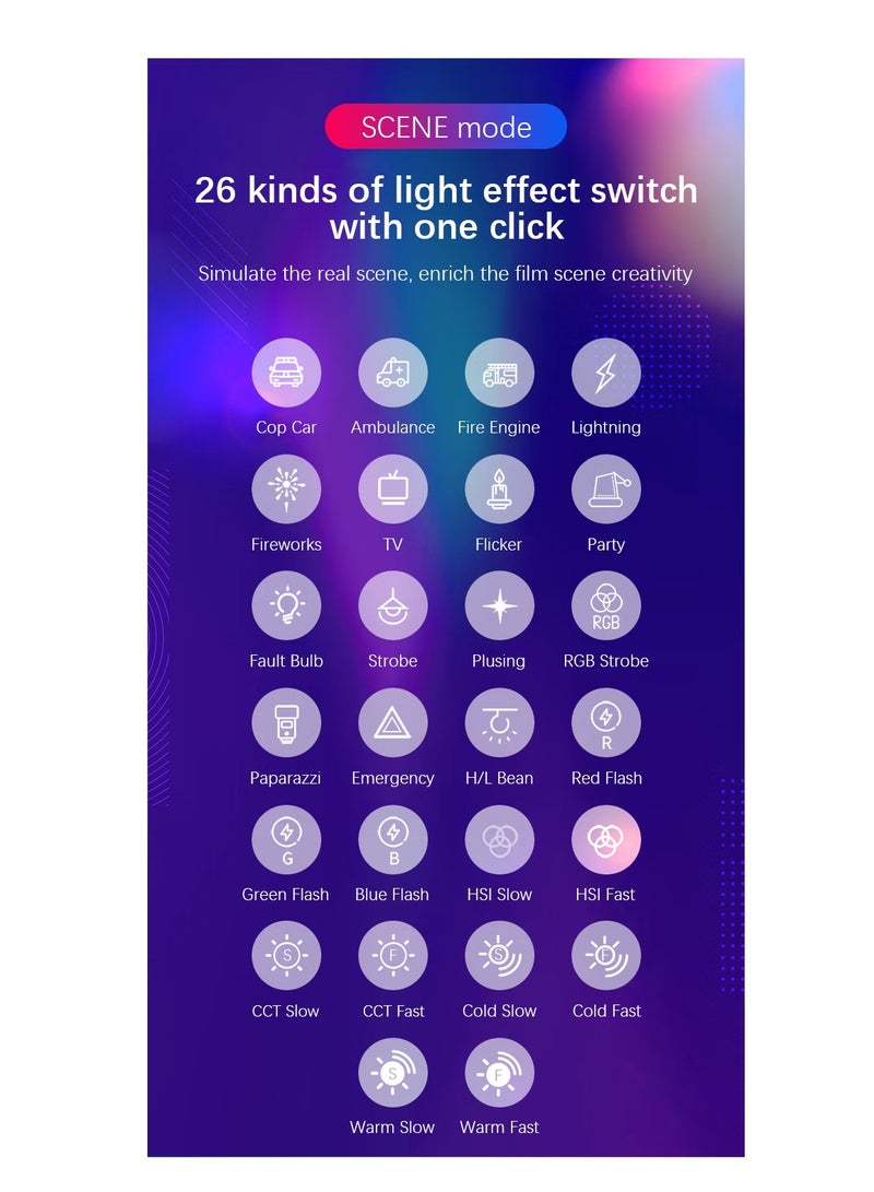 ضوء كاميرا محمول بألوان كاملة بقوة ٣٢٠٠ ملي أمبير، لوحة إضاءة كاميرا الهاتف بزاوية ٠-٣٦٠ درجة، مؤشر عرض الألوان ٩٥+ مع درجة حرارة لونية من ٢٥٠٠ إلى ٩٠٠٠ كلفن، ٢٠ تأثير إضاءة، إضاءة ليد قابلة لإعادة الشحن للتصوير الفوتوغرافي ومؤتمرات الفيديو والمدونات