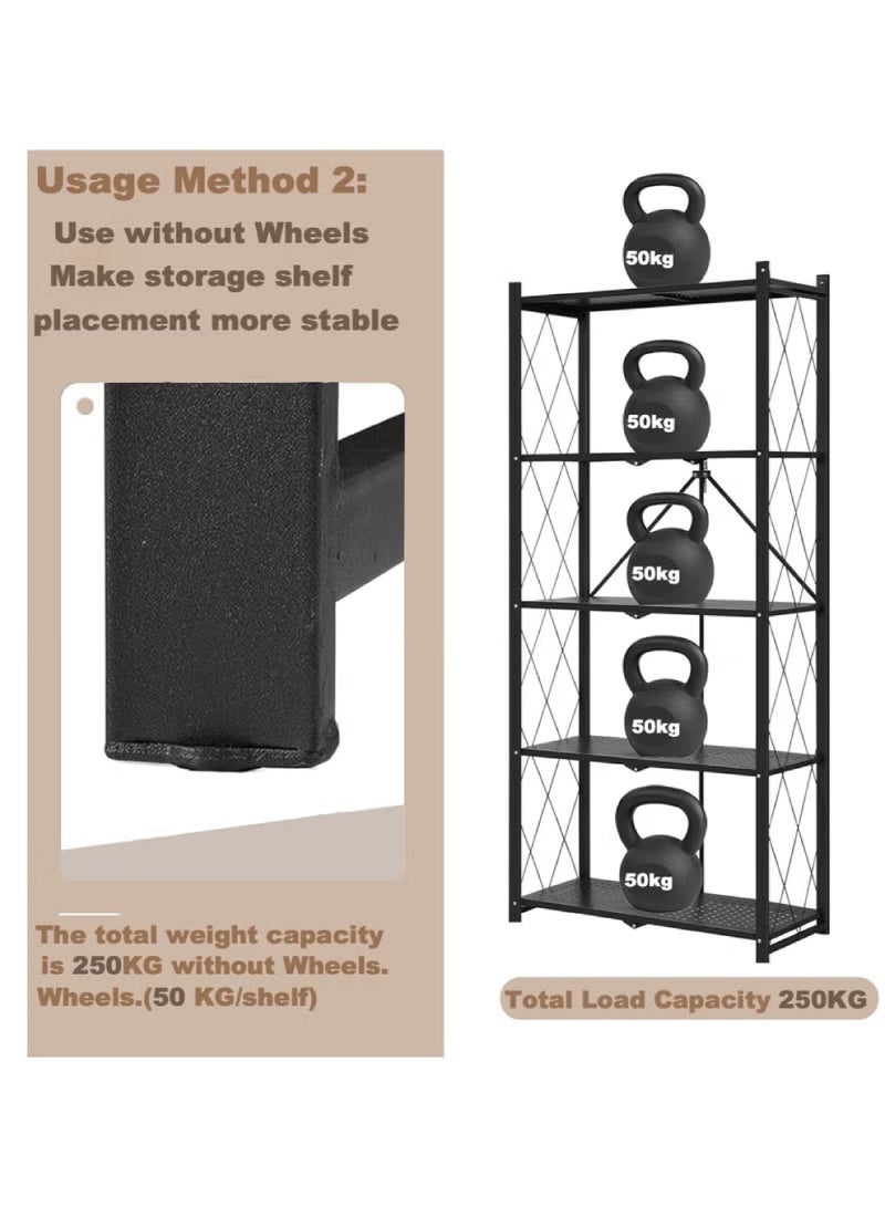 رفوف تخزين قابلة للطي بخمس طبقات سميكة مع عجلات، بدون تجميع، سعة كبيرة، وحدة رفوف معدنية قوية على عربة متحركة للكراج والمطبخ والقبو والمخزن (أسود، خمس طبقات)