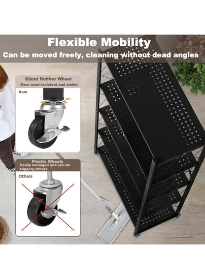 رفوف تخزين قابلة للطي بخمس طبقات سميكة مع عجلات، بدون تجميع، سعة كبيرة، وحدة رفوف معدنية قوية على عربة متحركة للكراج والمطبخ والقبو والمخزن (أسود، خمس طبقات)